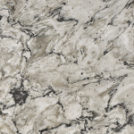 Bellingham quartz slab by Cambria with cream background and grey veining in Wilmette Bellingham quartz slab featuring a warm cream backdrop with subtle charcoal speckles and veining in Wilmette