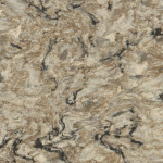 Cambria Bradshaw quartz with warm beige background and contrasting dark veins in Deerfield Bradshaw quartz slab with beige and taupe background accented by dark brown and black swirling veins in Deerfield