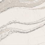 Brittanicca quartz slab featuring a creamy white background with gray islands, intertwining ashen veins, and charcoal speckles in River Forest Brittanicca quartz slab with a creamy white background and gray islands and peninsulas with ashen veins and charcoal speckles in River Forest