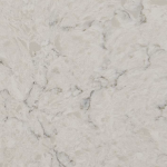 Carrara Mist quartz slab from MSI Close-up of a Carrara Mist quartz slab with soft gray veining on a white background