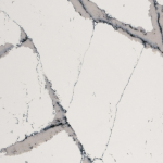 Harrogate quartz slab featuring a clean white background with wide taupe segments outlined by dark grey veining in Glencoe Harrogate quartz slab with a clean white background and wide taupe segments outlined by dark grey veining in Glencoe