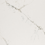 Hawksmoore quartz slab featuring a creamy white background crossed by bold black and tan veining in Algonquin Hawksmoore quartz slab with a creamy white background crossed by bold black and tan veining in Algonquin
