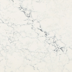 Sutherland quartz slab showcasing a crisp white surface with dark gray branching veins in Northbrook Sutherland quartz slab with a crisp white surface and dark gray branching veins in Northbrook